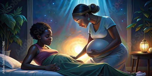 Black doula assisting pregnant woman during childbirth at home 