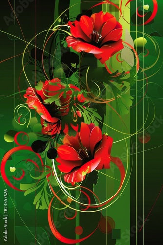 Red Flowers on Green Background