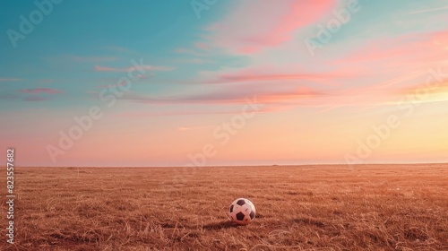 lone soccer ball on an empty field at dusk  creating a serene and calm atmosphere