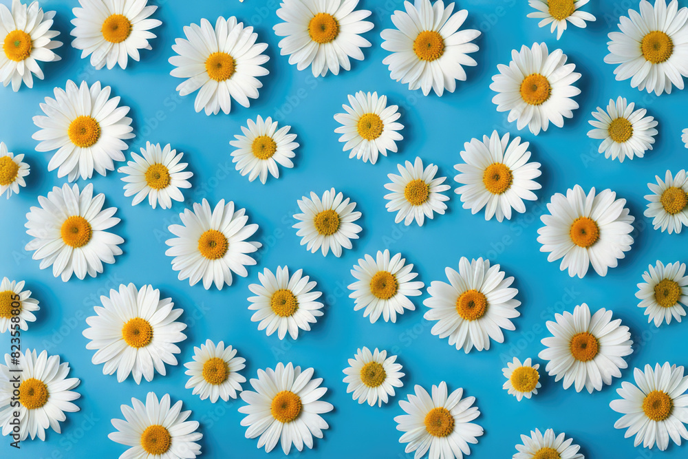 Daisy pattern. Flat lay spring and summer chamomile flowers on a blue background. Repetition concept. Top view Daisy pattern. Flat lay spring and summer chamomile flowers on a blue background. Repetition concept. Top view