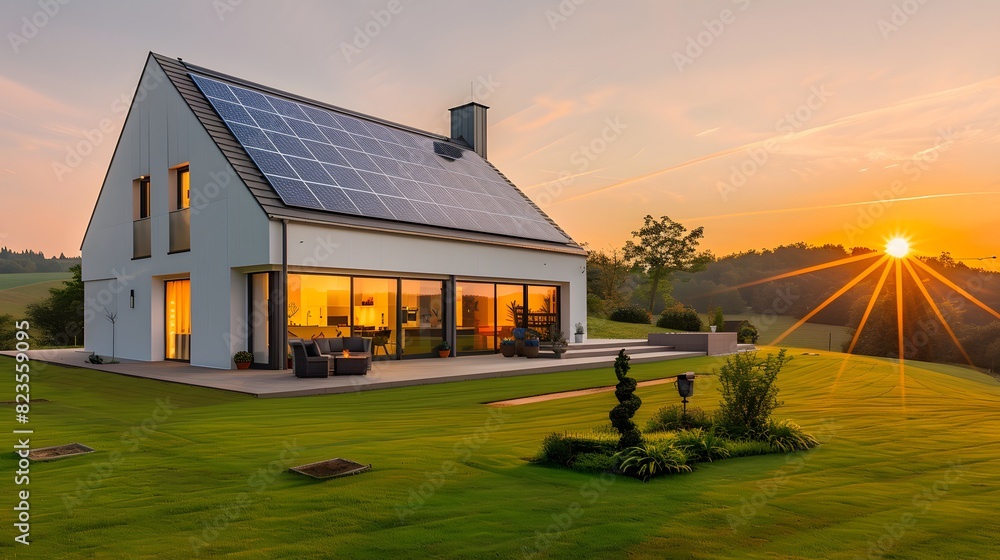 Obraz premium A modern house with solar panels on the roof, illuminated by sunlight at sunset. The home is white and has large windows that allow natural light to fill its interior space. 