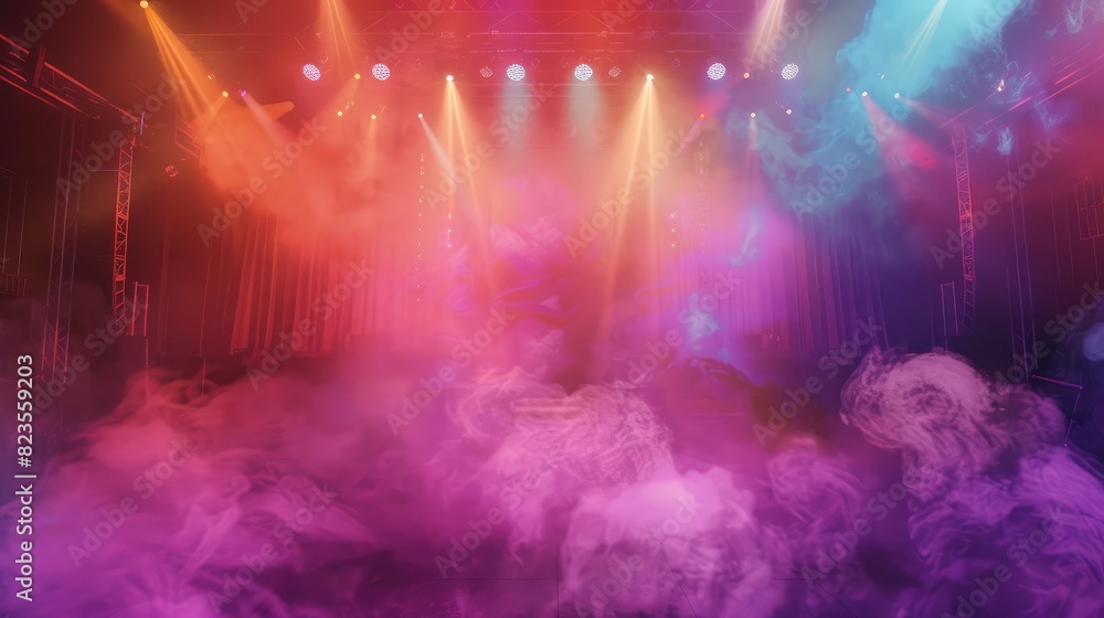 Fototapeta premium Misty smoke filling the stage during a rock concert, with colorful lights and an energetic crowd