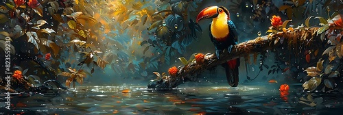 Drifting through emerald waters of the Costa Rican rainforest a vibrant toucan flits from tree to tree its colorful plumage a testament to the rich biodiversity of its habitat photo