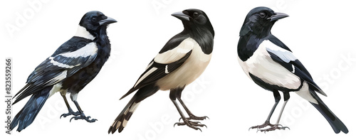  Painting style Magpie bird isolated on a white background