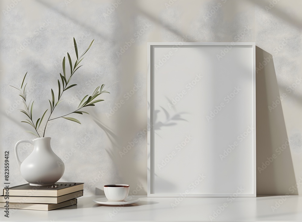 Modern interior design, mockup of vertical picture frame on light beige wall with books and an olive branch in a vase, a coffee cup, close up view, minimalistic style Modern interior design, mockup of vertical picture frame on light beige wall with books and an olive branch in a vase, a coffee cup, close up view, minimalistic style