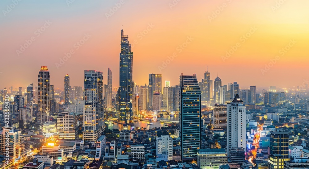 A panoramic view of skyline at dusk, showcasing the tall skyscrapers and modern architecture A panoramic view of skyline at dusk, showcasing the tall skyscrapers and modern architecture