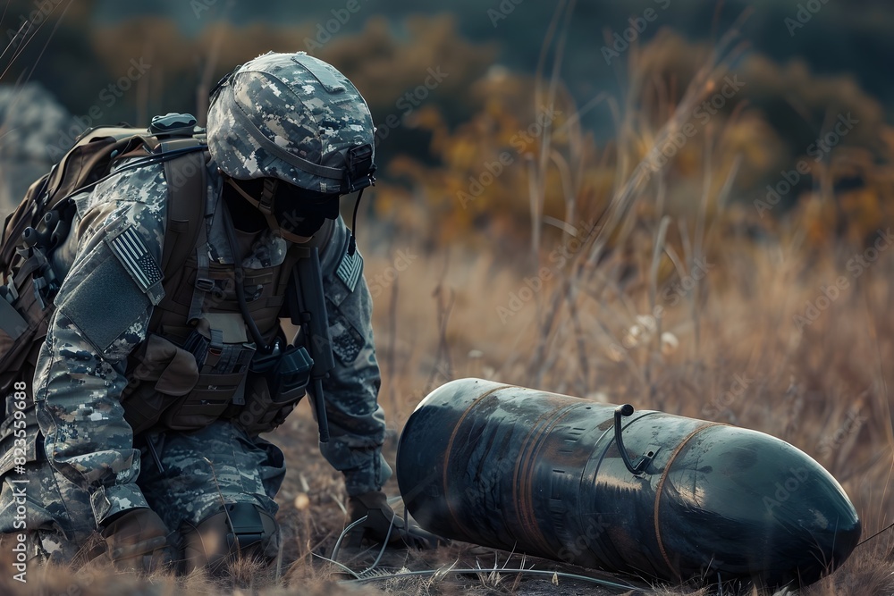 Focused Military Operative Assessing Improvised Explosive Device in Rugged Terrain