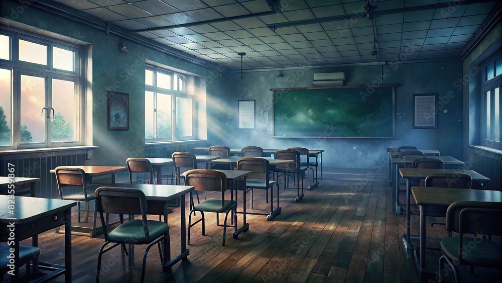 Empty old classroom with desks, chairs, and a chalkboard in a blurry background 