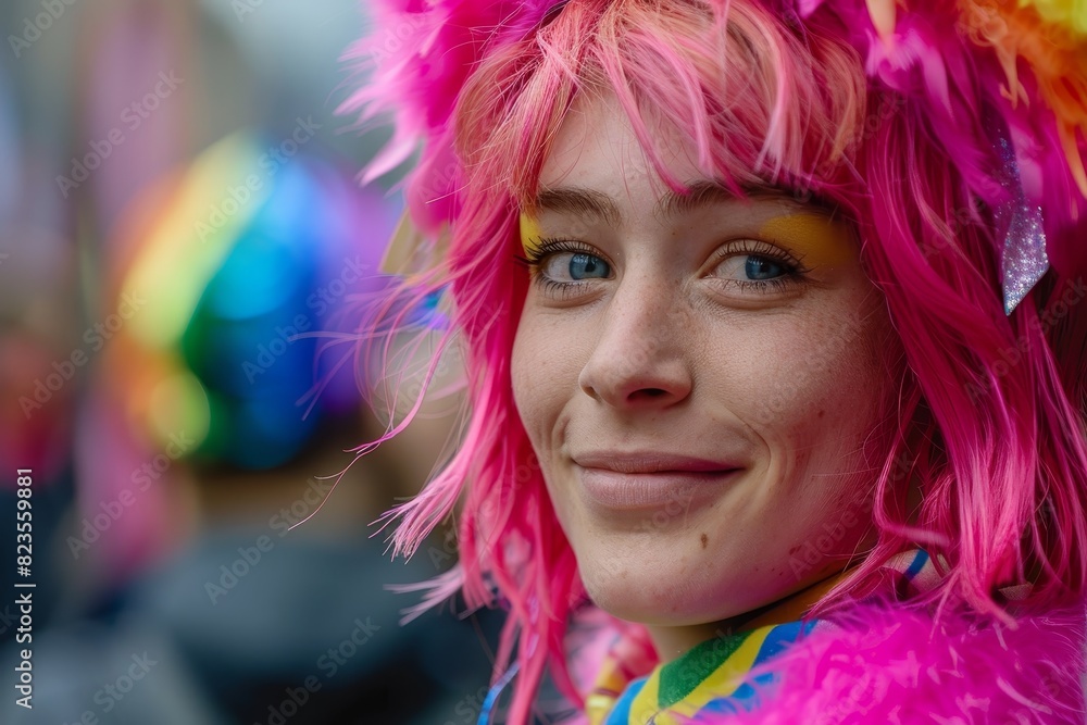 Vibrant Portrait of Non-Binary Person Celebrating Pride and Self-Expression at Colorful LGBTQ Parade in the City