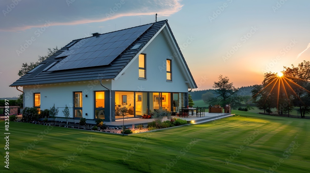A modern house with solar panels on the roof, illuminated by sunlight at sunset. The home is white and has large windows that allow natural light to fill its interior space.
A modern house with solar panels on the roof, illuminated by sunlight at sunset. The home is white and has large windows that allow natural light to fill its interior space.