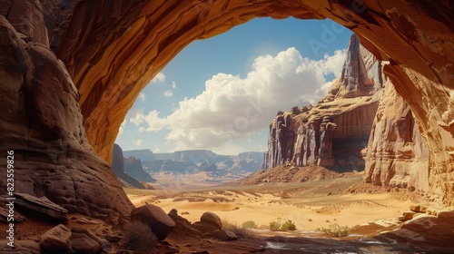 natural arch carved into soft sandstone  framing a stunning desert landscape