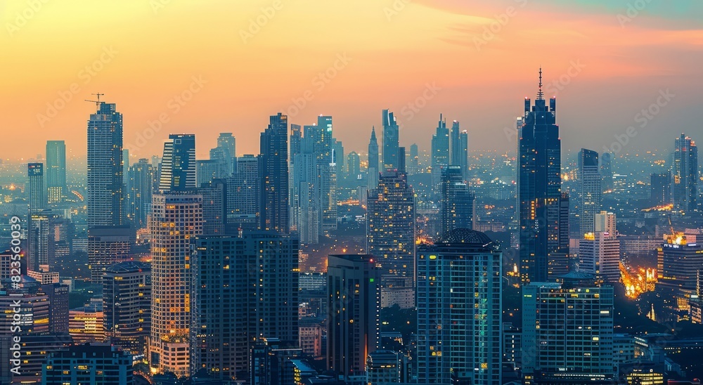 Fototapeta premium A panoramic view of skyline at dusk, showcasing the tall skyscrapers and modern architecture