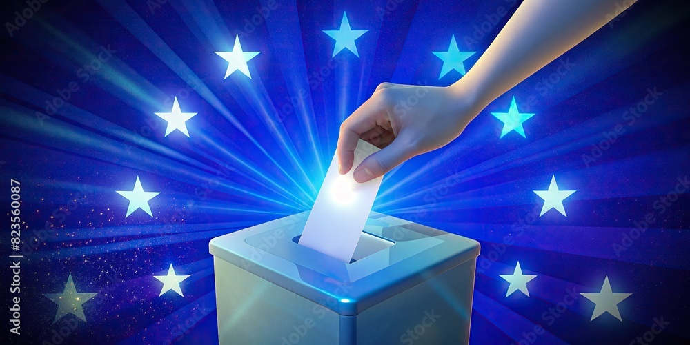 European Union election concept with hand inserting ballot into ballot box against blue background