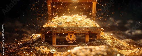 D Rendering of a Luxurious Treasure Chest Filled with Gold and Jewels on a Black Background photo
