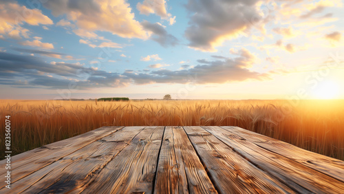 Top new wooden table texture, top Space for mock up with blurry barley field background
