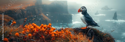Exploring rugged coastline of the Faroe Islands a colony of puffins gathers for their annual nesting season their colorful beaks and distinctive markings a striking contrast to the stark cliffs