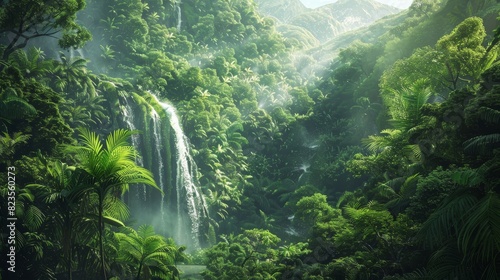 Generate a visual narrative of a paradise rainforest canopy © Supasin