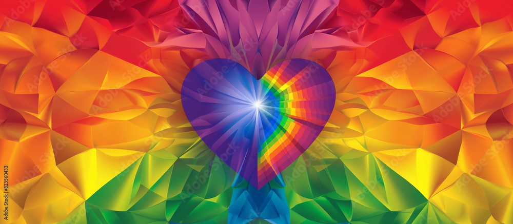 Wide LGBTQ pride color gradient featuring a central heart in rainbow hues, text area. Wide LGBTQ pride color gradient featuring a central heart in rainbow hues, text area.