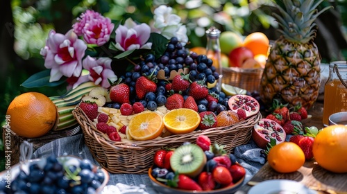 Generate a visual narrative of a picnic spread with many fruits