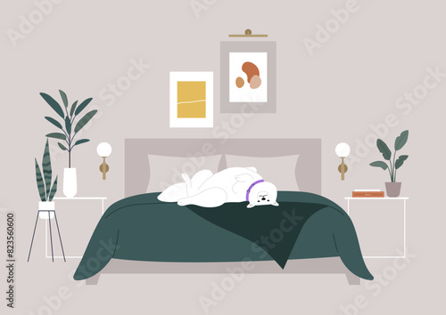 A relaxed Samoyed dog is comfortably lying on a bed in a stylish bedroom adorned with contemporary art pieces and lush green plants