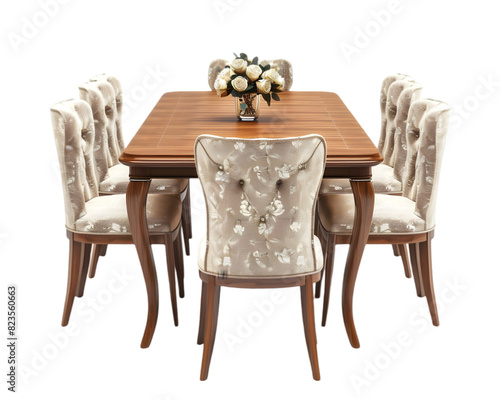 Dining table with chairs on transparent background