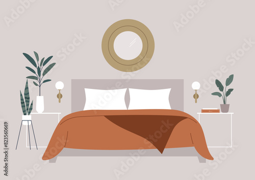 A serene bedroom featuring a minimalist bed setup, bedside tables with books, leafy plants, and a decorative round mirror above the headboard