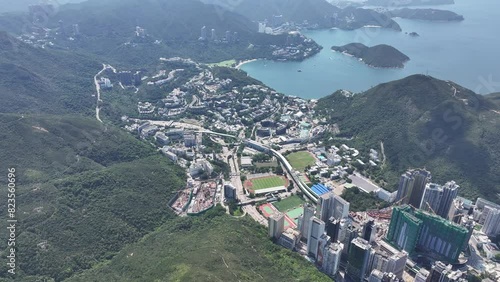 Pok Fu Lam, Aberdeen, Wong Chuk Hang, Ap Lei Chau, Lei Tung, Deep Water Bay, Shouson Hill. Aerial skyview of natural forest landscape of the coastal city in Hong Kong Island photo