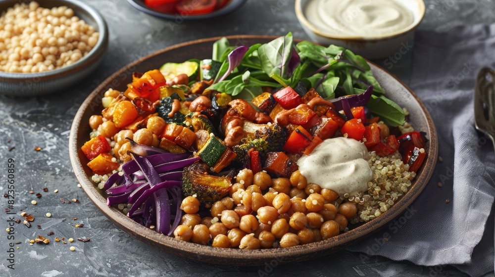 plate of quinoa salad with roasted vegetables, chickpeas, and a tahini dressing, a healthy plant-based meal plate of quinoa salad with roasted vegetables, chickpeas, and a tahini dressing, a healthy plant-based meal