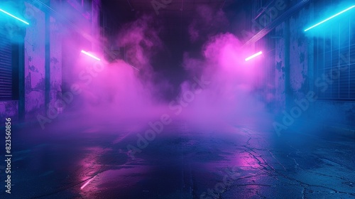 Blue Cyan Purple Dark Empty Street Background - Neon Light Spotlights Night Scene with Smoke Asphalt Floor Studio Room 