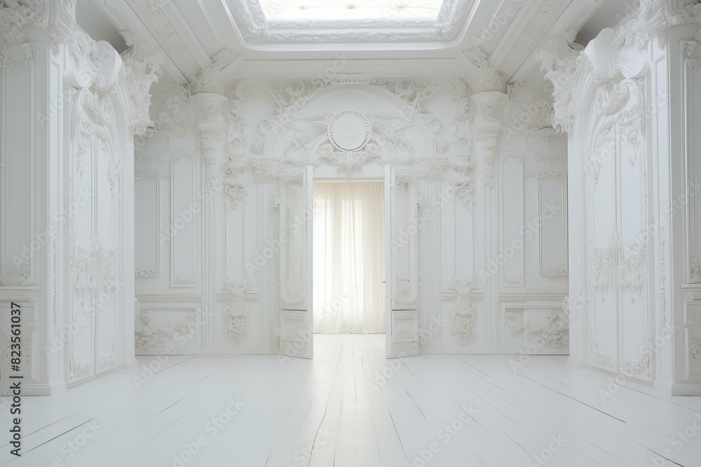 Elegant white room with baroque design elements and natural light streaming through a curtain Elegant white room with baroque design elements and natural light streaming through a curtain