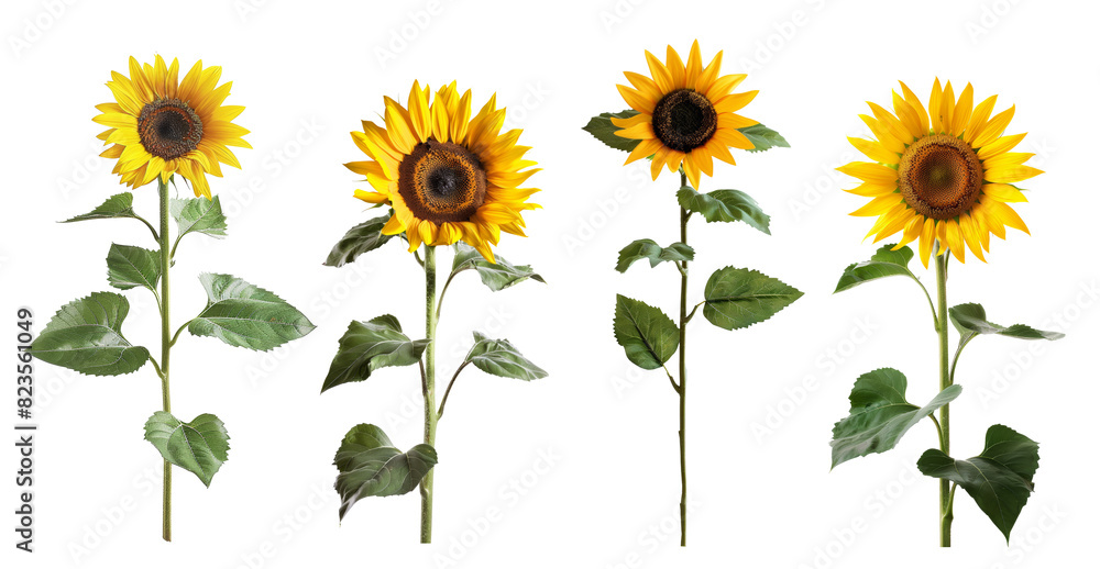 Bright yellow sunflower stems with green leaves transparent background Bright yellow sunflower stems with green leaves transparent background
