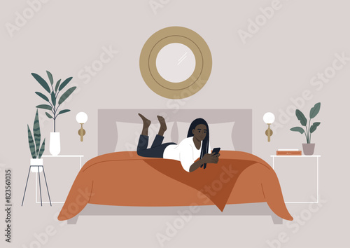 A person lies on their stomach on an orange-brown bedspread, comfortably texting on their smartphone in a chic, minimalist bedroom adorned with plants and modern decor