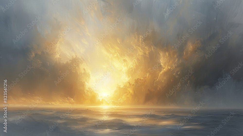 Generate a visual narrative of a sunset amidst thick clouds Generate a visual narrative of a sunset amidst thick clouds