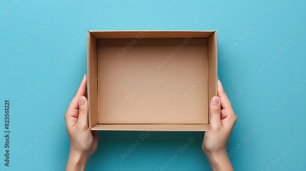 A person holding out an empty cardboard box against blue background, top view.
A person holding out an empty cardboard box against blue background, top view.