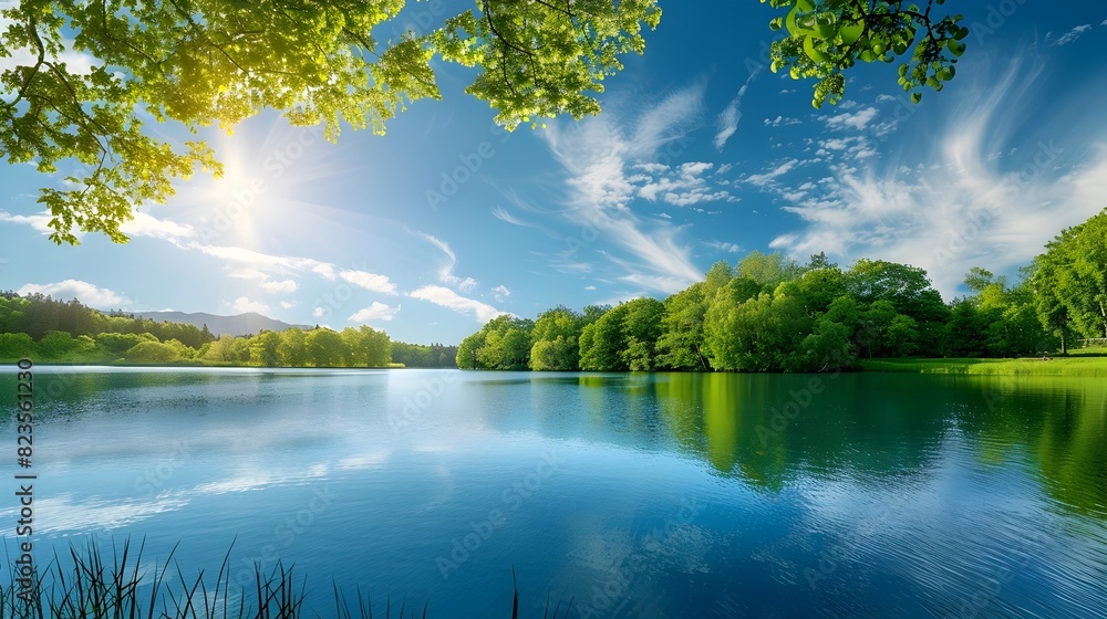 Summer Escape to a Radiant Lake Reflecting the Azure Sky and Lush Greenery Summer Escape to a Radiant Lake Reflecting the Azure Sky and Lush Greenery