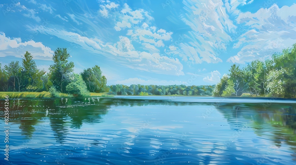 Fototapeta premium Summer's Tranquil Embrace: A Lakeside Paradise Glowing in Radiant Serenity