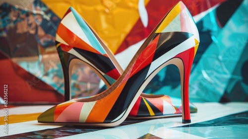 A pair of stiletto heels, with a bold, geometric pattern that adds a touch of modern flair. photo