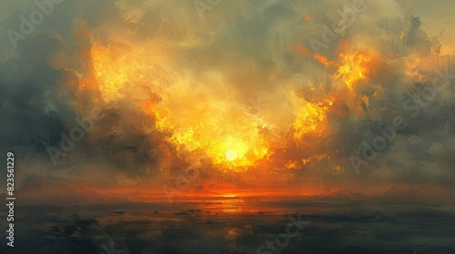Generate a visual narrative of a sunset amidst thick clouds