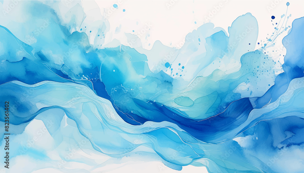 青い水彩画、インクアート　ウェーブ模様の背景素材