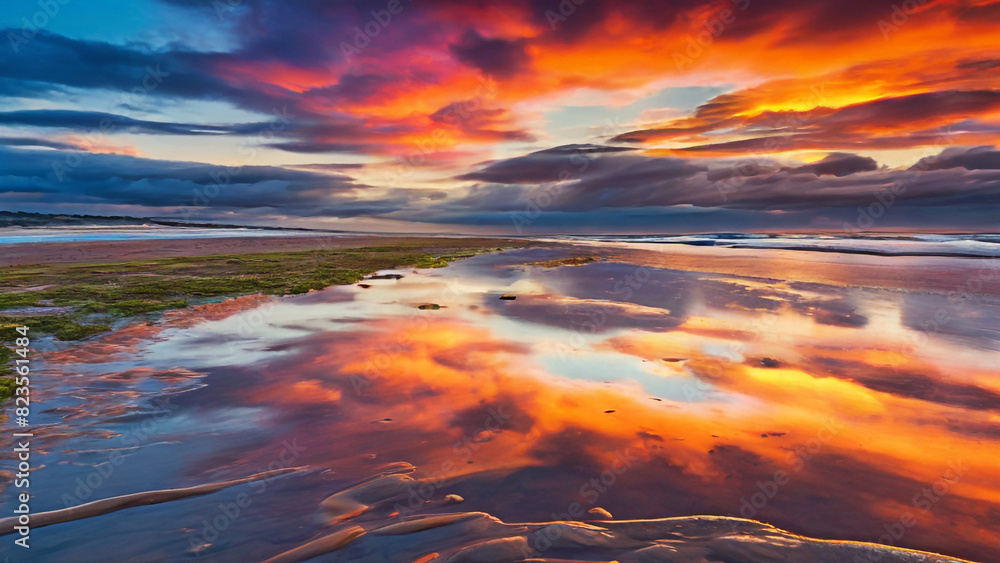 A stunning image of a vibrant sunset with clouds reflected on the wet sand during low tide. Ai generative A stunning image of a vibrant sunset with clouds reflected on the wet sand during low tide. Ai generative