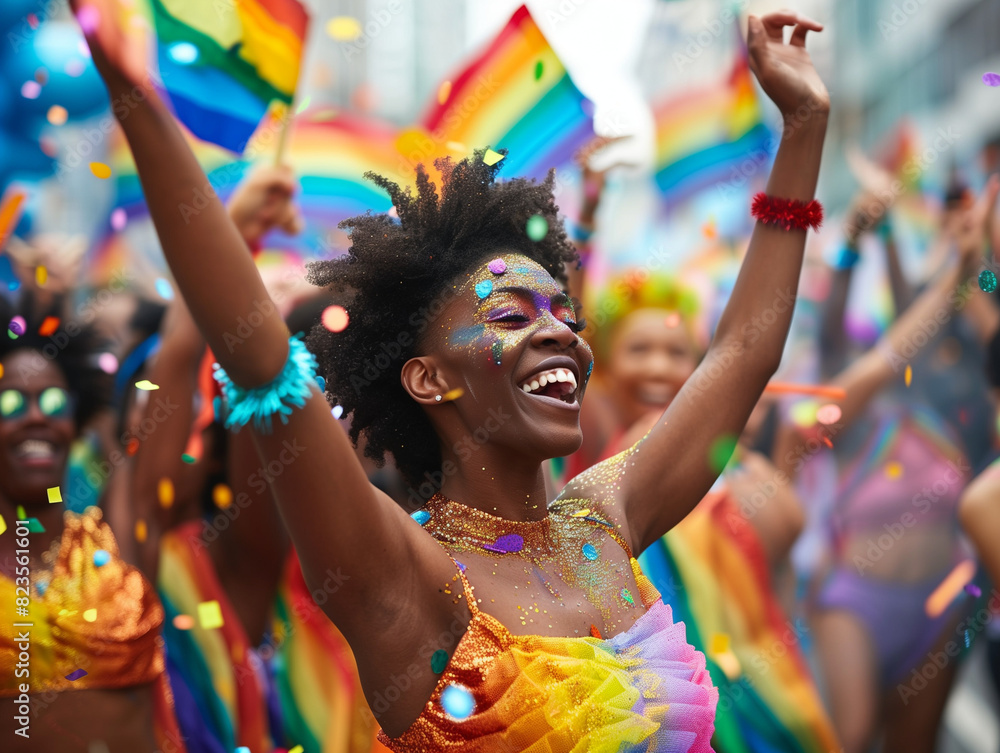 Obraz premium A jubilant woman with vibrant makeup and an afro hairstyle celebrates at a Pride parade, surrounded by a sea of colorful flags and confetti