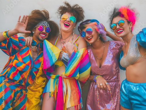 A vibrant group of friends dressed in colorful, flamboyant outfits and accessories, laughing and posing together