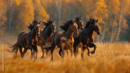 Generate a visual narrative of horses in action photo