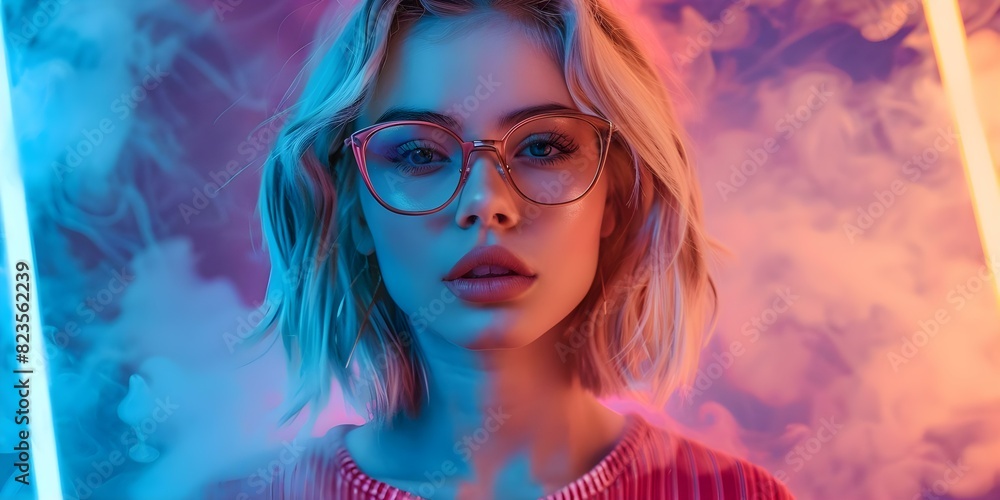 Stylish young woman with blonde hair and glasses strikes a pose in neon-lit smoke. Concept Fashion Photography, Blonde Model, Neon Lights, Smoke Effects, Stylish Poses Stylish young woman with blonde hair and glasses strikes a pose in neon-lit smoke. Concept Fashion Photography, Blonde Model, Neon Lights, Smoke Effects, Stylish Poses