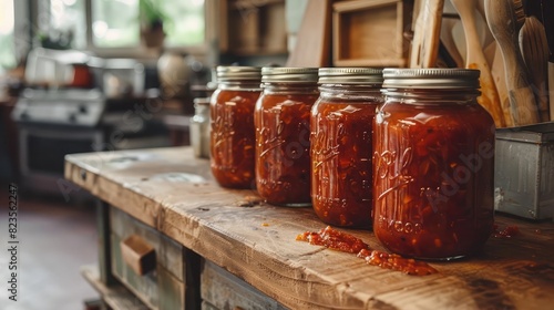rustic kitchen scene with jars of homemade tomato sauce being prepared for canning
