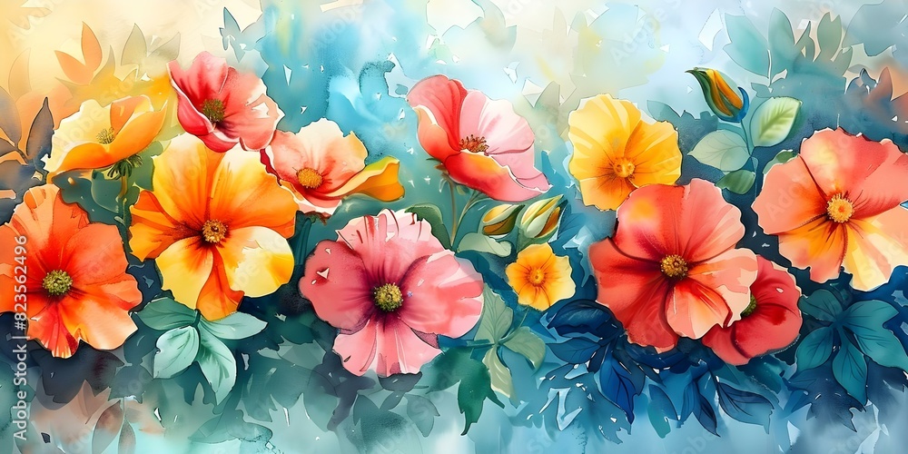 Colorful watercolor painting featuring a vibrant array of beautiful blooming flowers. Concept Floral Art, Watercolor Painting, Colorful Flowers, Vibrant Blooms, Artist's Creation