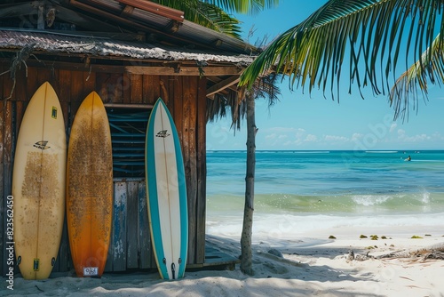 Three surfboards stand outside a beach shack on a beautiful day
