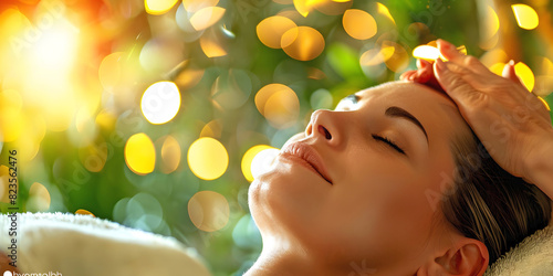 Receiving beautiful healing energy outdoors - smiling female with eyes closed lying supine and reiki healer hands resting on her crown with sunlight bokeh background providing space for a message
