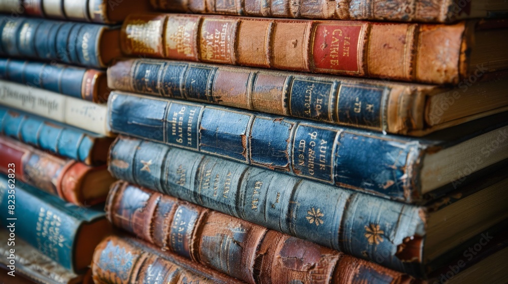 A close-up photo of a stack of old books with worn covers, hinting at the vast knowledge and stories they hold. A close-up photo of a stack of old books with worn covers, hinting at the vast knowledge and stories they hold.