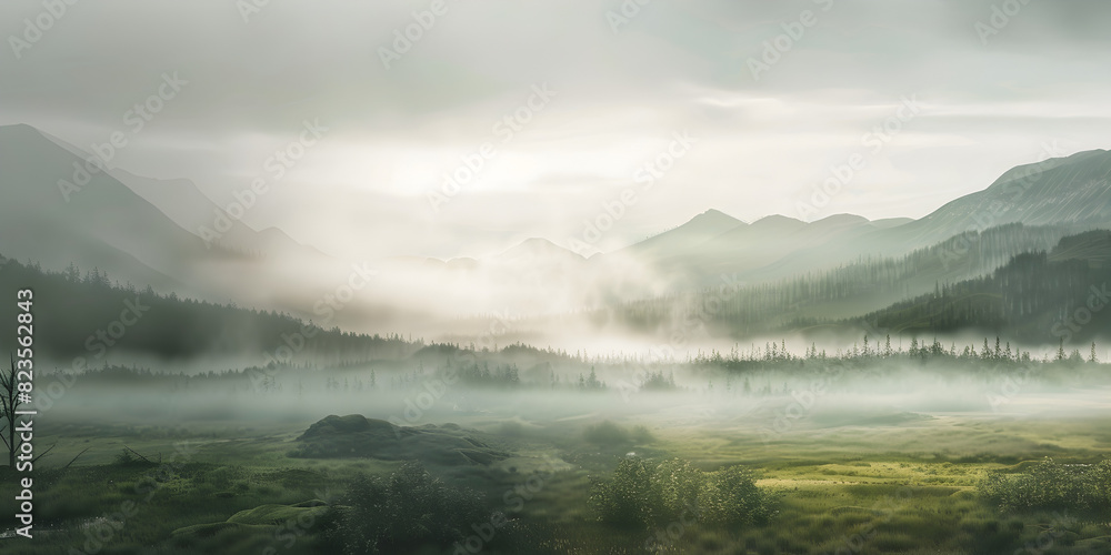 Soft Glow of Nature Dawn's Embrace, Mystic Mornings Foggy Wilderness